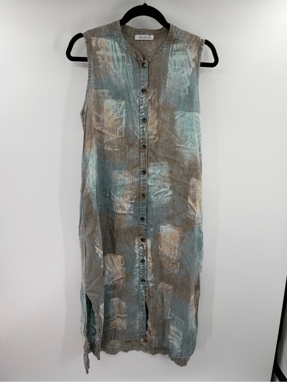 Beau Jours 100% Linen Sleeveless Button-Front Watercolor Midi Dress Boho Large